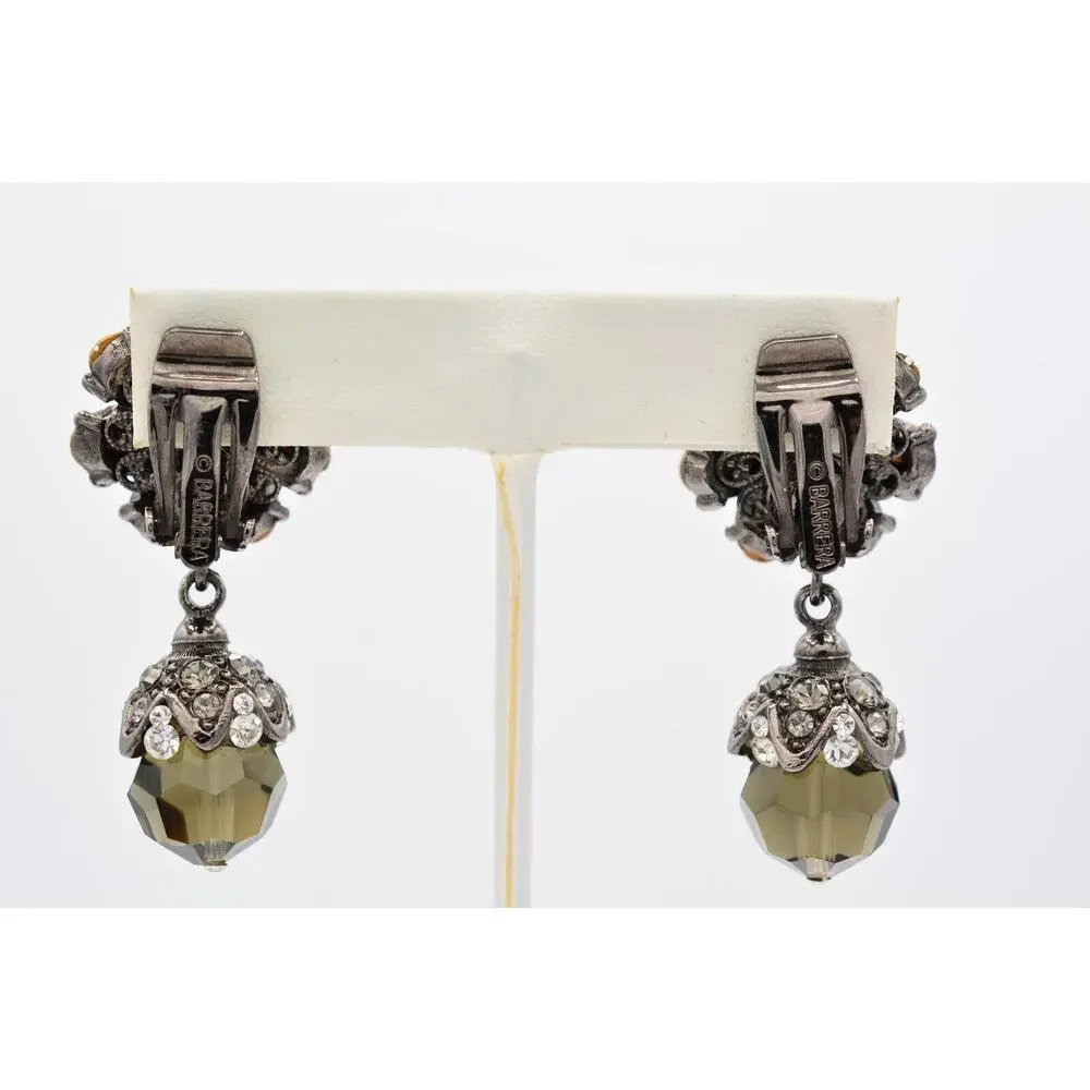 Barrera Vintage Crystal Clip On Earrings Rhinestone Gunmetal Signed 1980s BinAO